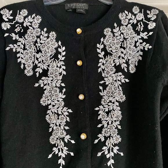 Karen Kane Lifestyle Black Wool Beaded Cardigan Sweater Vintage Style, Size S - Picture 3 of 6